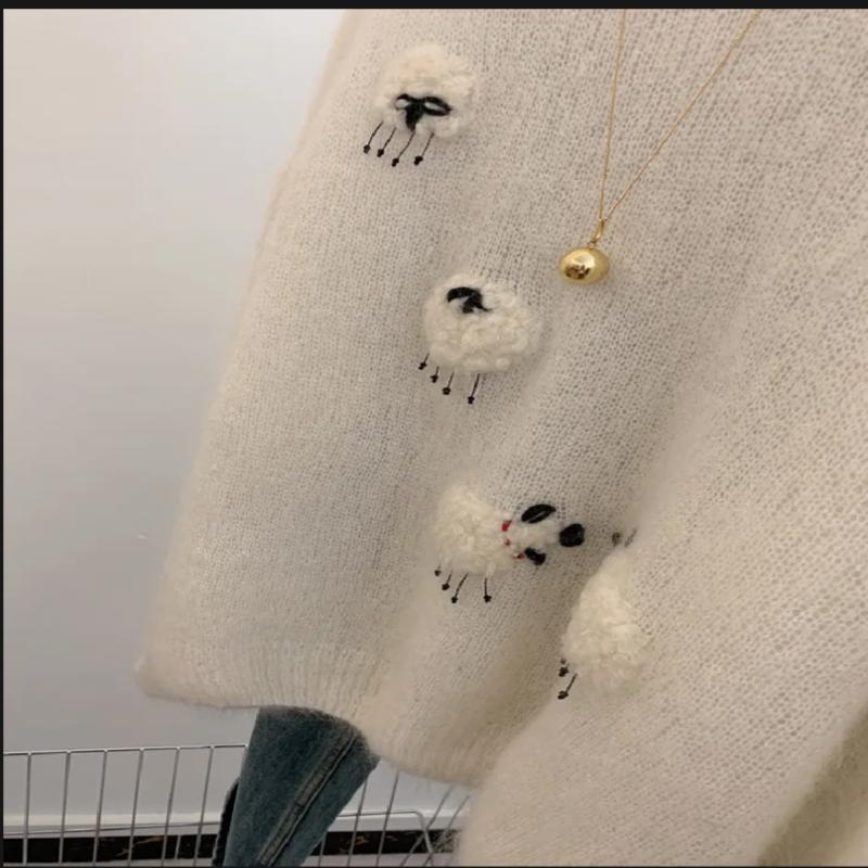 White Casual Sweater For Women 2025 New Long Sleeved O-Neck Warm Knit Pullovers Autumn Winter Korean Cute Animals Woolen Tops |